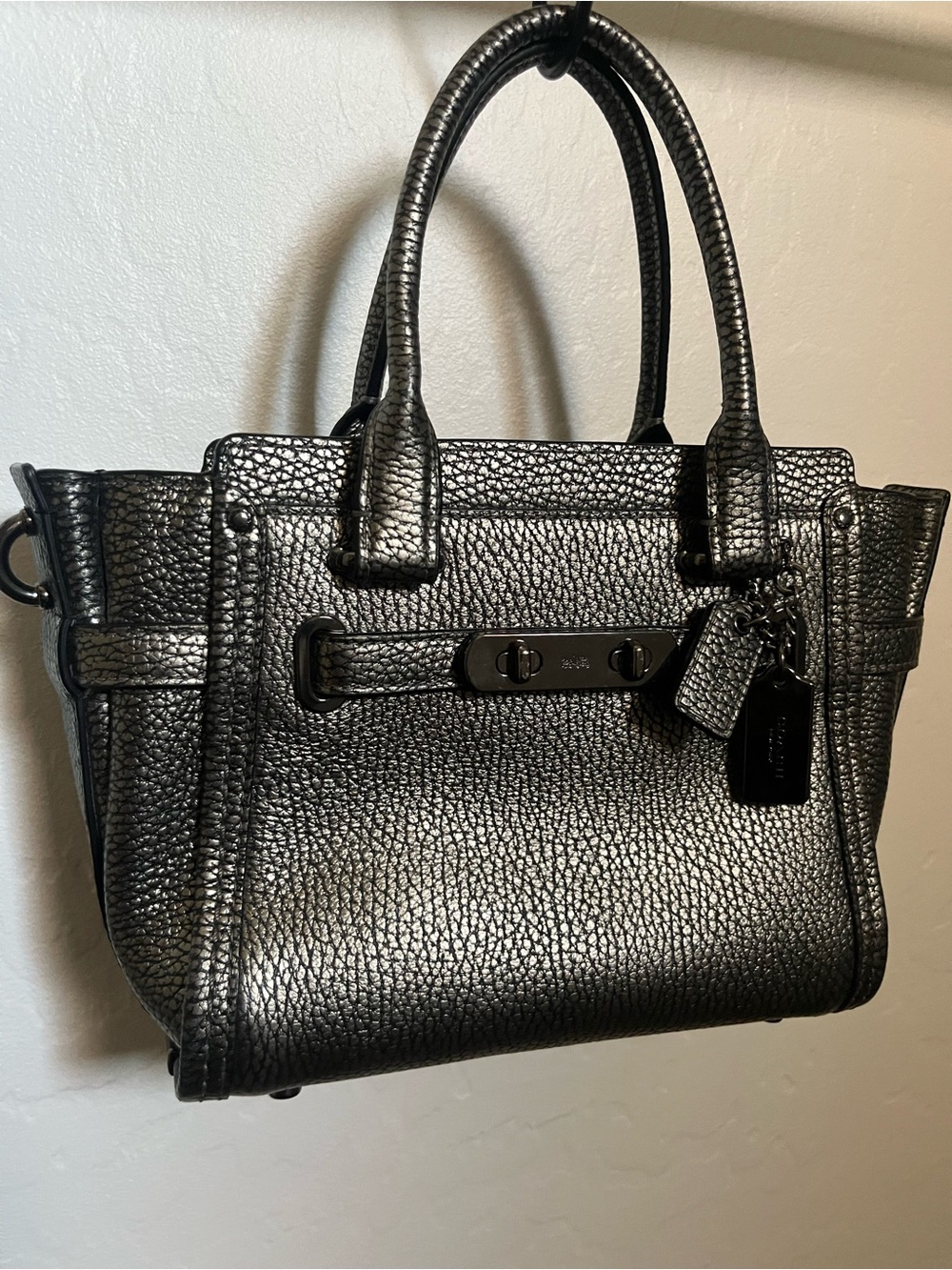 Coach Mini Metallic Black Pebbled Leather Satchel